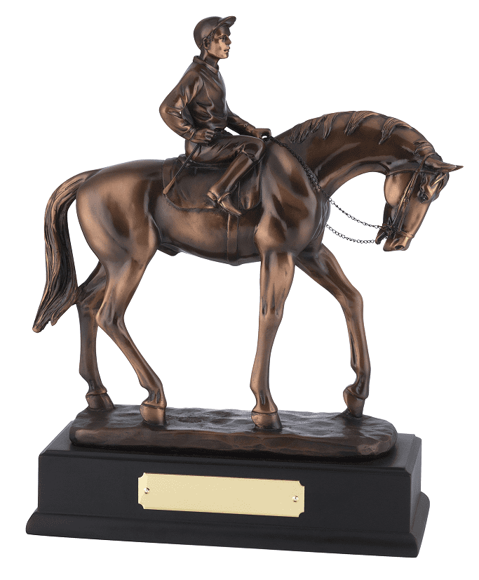 BRONZE PLATED PAWING HORSE AND JOCKEY FIGURE